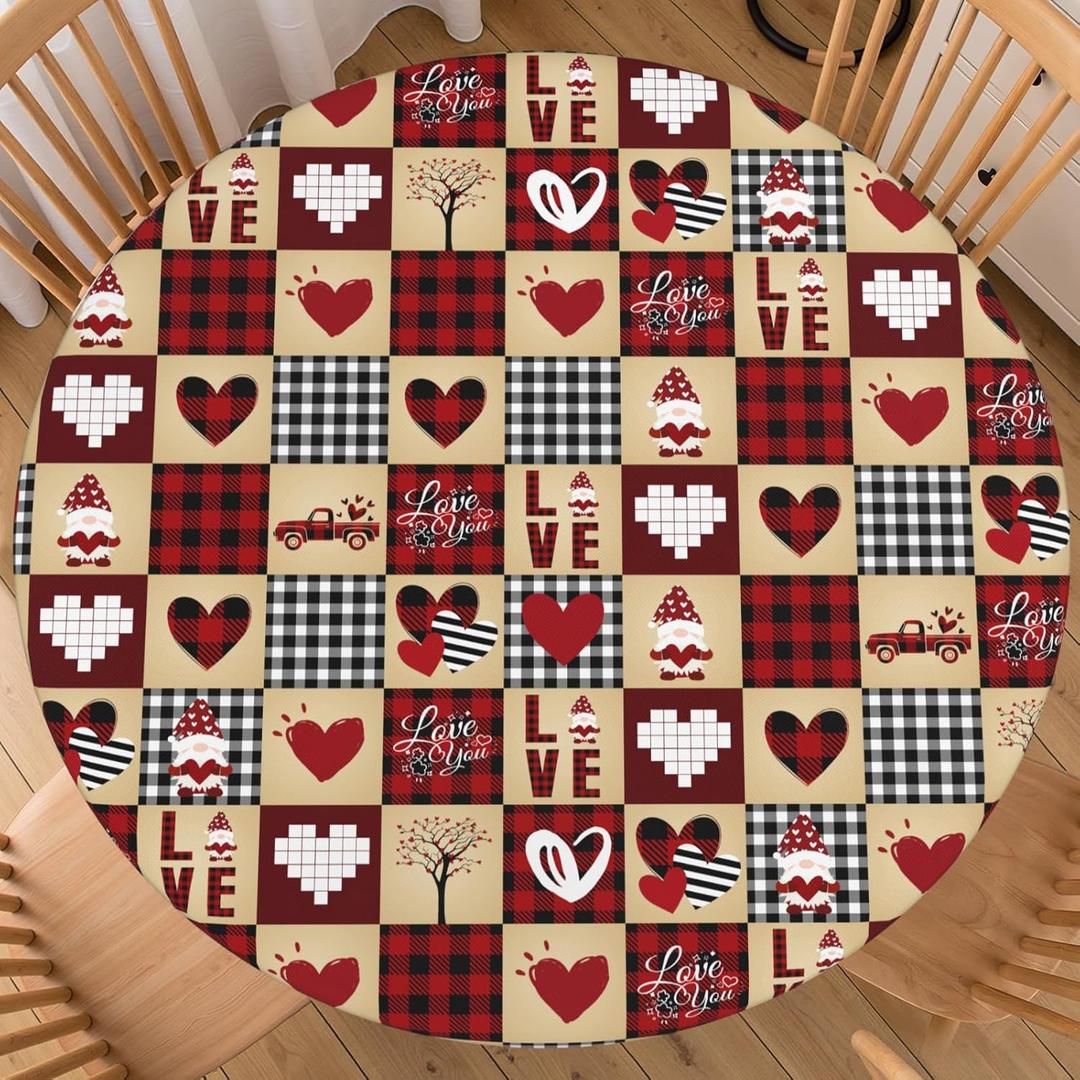 Valentines Day Round Tablecloth Fitted Best for 40"-44" Red Plaid Table Cloth Elastic Edge Water-Resistant Washable Love Heart Decoration Table Cover for Party Picnic Indoor Decor