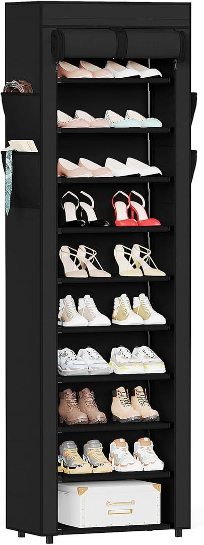 Mavivegue Shoe Rack with Cover, 10 Tier Tall Shoe Organizer for 18-22 Pairs of Shoes, Shoe Organizer with 4 Side Pockets, Shoe Cabinet for Entryway, Closet (Black)