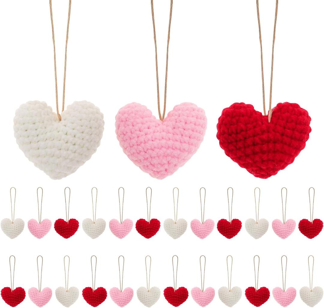 Fumwase 24PCS Crochet Heart Ornaments for Valentine Tree Handmade Red Pink White Hanging Heart Vase Filler for Home Wedding Anniversary Party Decor (Red Pink White)