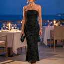 MEROKEETY Women's 2026 Summer Floral Strapless Dress Bodycon Tube Slit Mesh Wedding Guest Cocktail Party Maxi Dresses (Black, S)