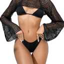OYOANGLE Women's Hollow Out Crochet Long Sleeve Cropped Top Sheer Lightweight Knit Crop Tops Swimsuit Cover Ups (X-Large, Black)