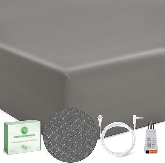 Grounding Sheets King 20% Silver Fiber 80% Organic Cotton with Outlet Tester and Test Pen, Grounded Bed Sheet Kit Earth Connected Bedding(Gray, King)