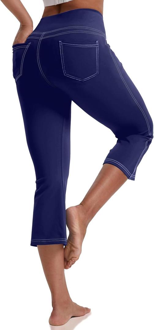 VOOVEEYA Women's Capri Leggings, Yoga Capris Pants with Pockets Stretchy Crop Pants High Waisted Straight Leg 21" (Blue, L)