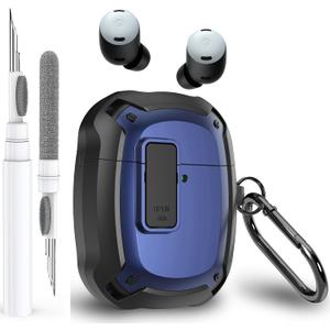 for Google Pixel Buds Pro 2/Pro Case Cover with Lock Clip & Cleaner Pen 2024/2022, Shockproof Protective Hard Shell Skin with Carabiner Men Women - Black/Blue