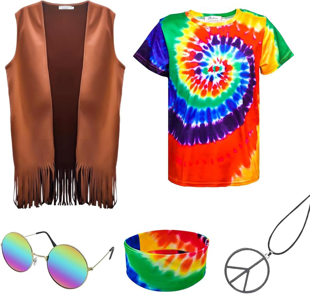 Hippie Costume for Men 60s 70s Fringe Vest Colorful T-shirt Set Carnival Party Tassel Vest Hippy Halloween Costume, Large