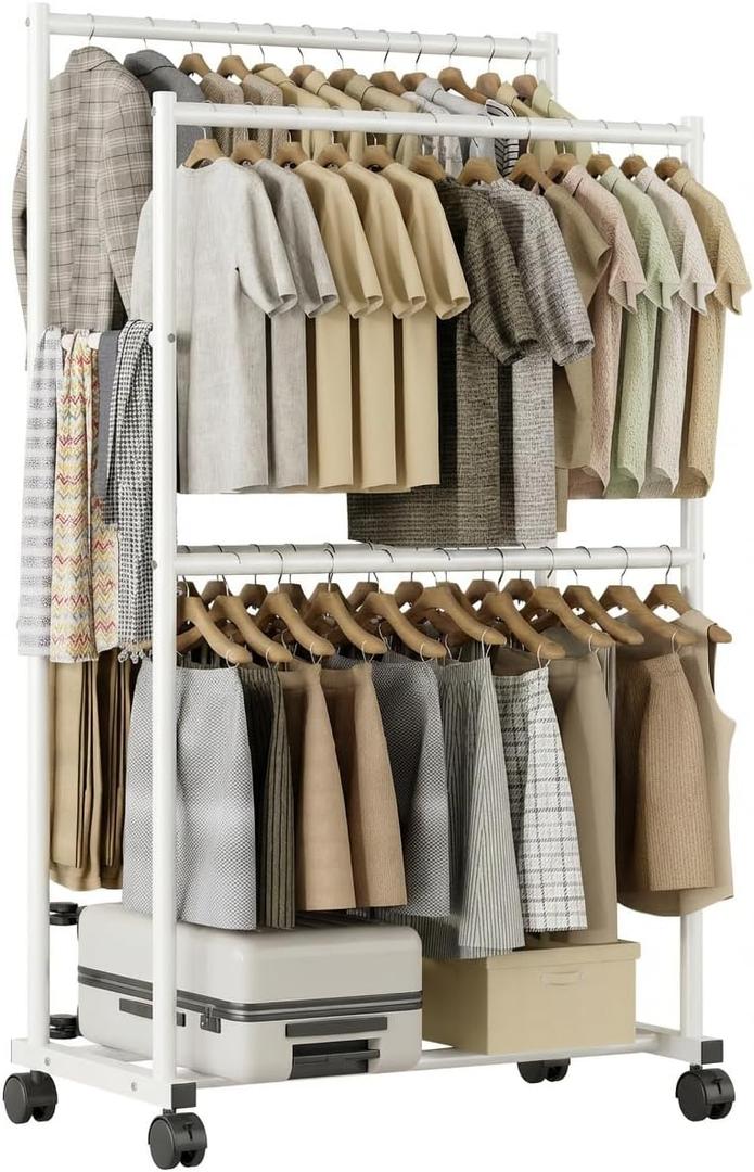 Clothes Rack 36.2" x 21.3" x 72", 4-Bar Double Rod Rolling Metal Clothing Rack for Hanging Clothes, Portable Garment Rack with Wheels for Bedroom Laundry, Closet Wardrobe, White