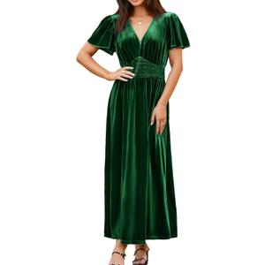 Simplee Women's Short Sleeve Velvet Maxi Dress V Neck Empire Waist Long Formal Wedding Guest Dresses (Green, S)