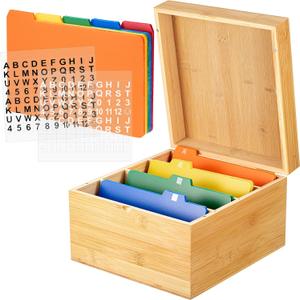 Henoyso 5 x 8 Inch Index Card Holder Set, Bamboo Organizer Box with 50 Dividers & 2 Sheets Alphabet Number Stickers File Note Holders, Holds 1200 Cards for Office Business Home Kitchen, Wooden Color