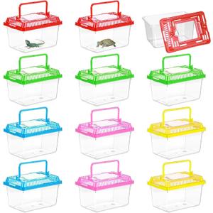12Pcs Plastic Reptile Terrariums Carrier Cage Snake Breeding Box Hatching Container Clear Fish Tank with Ventilated Lid for Spider, Tarantula, Hermit Crab, Lizard, Turtle (5.1" x 3.5" x 3.5")