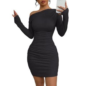 Acelitt Fall Off The Shoulder Dresses for Women 2025 Long Sleeve Ruched Bodycon Cocktail Party Mini Dress Black Medium