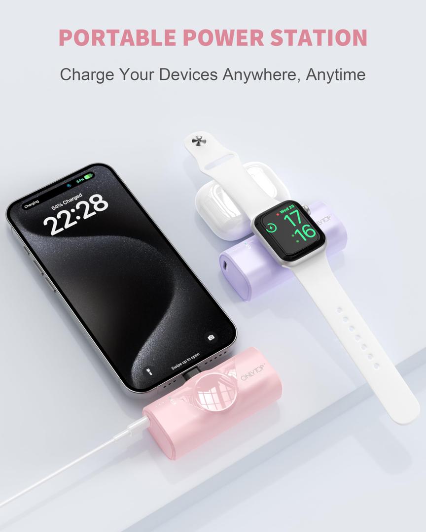 ONLYTOP Portable Charger for iPhone Ultra-Compact USB Type C Connector Charging Battery 4500mAh Mini Nano Power Bank Compatible with Apple Watch and iPhone 15/15 Plus / 15 Pro Max (2 Pink)