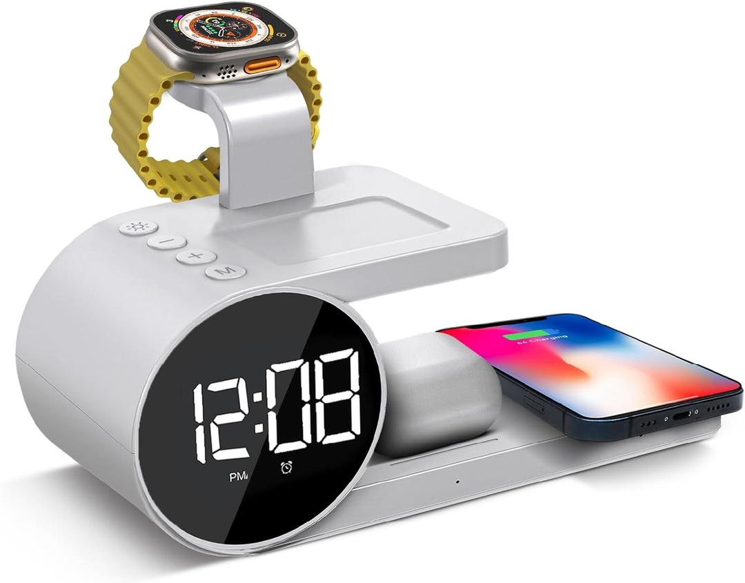Brookstone 4-in-1 Wireless Charging Station: Stylish | Compatible for iPhone 15,14,13,12 Pro Max Series, All iWatch Series, Compatible with Airpods 3,2 Pro| Wireless Charging Station with Clock. (White)