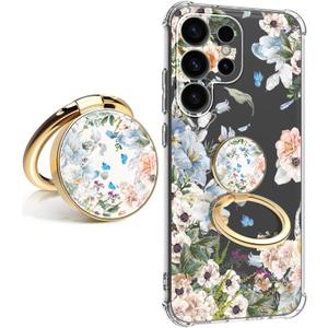 for Samsung Galaxy S25 Ultra Case [Military Grade Drop Test] Full Body Protection Slim Shockproof Rugged Marble Cover 6.9" for Women Men (Elegant Blossom with Holder)