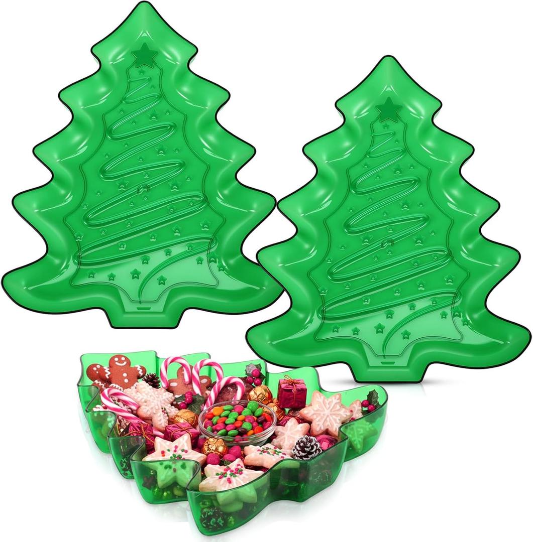 2 Pcs Christmas Tree Shaped Serving Tray Plastic Green Christmas Serving Platter Reusable Xmas Snack Tray Food Holder Appetizer Platter for Winter Xmas Themed Party Supplies Home Decoration