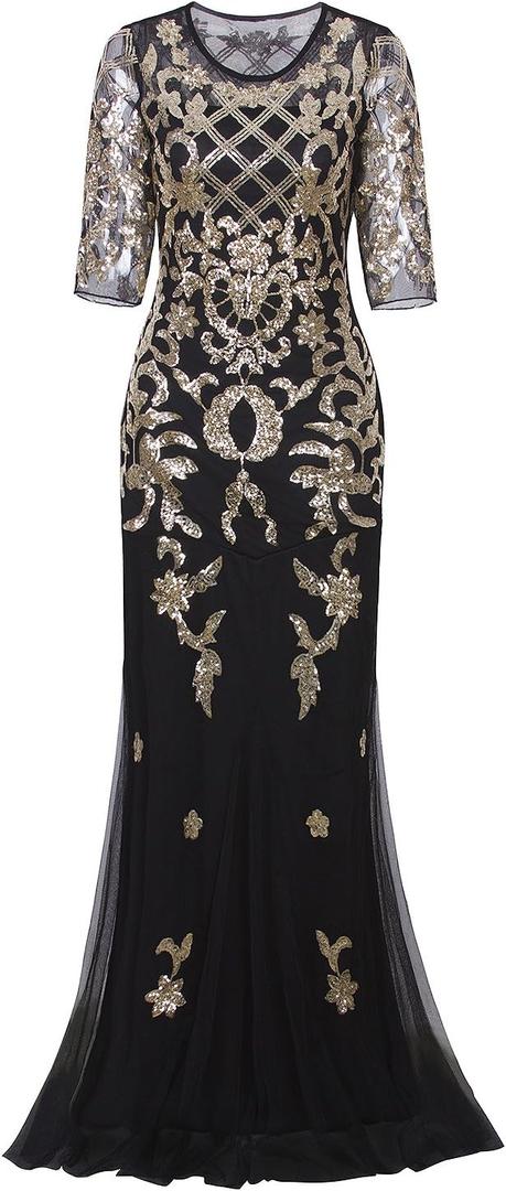 Vijiv Vintage 1920s Long Wedding Prom Dresses 2/3 Sleeve Sequin Party Evening Gown (Large, Black Gold)