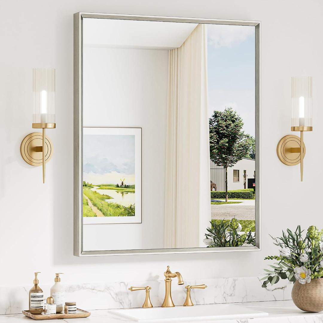 Keonjinn 30 x 36 Inch Brushed Nickel Bathroom Mirror, Beveled Rectangle Framed Mirror for Wall, Farmhouse Bathroom Vanity Mirror for Over Sink, Square Corner, Tempered Glass