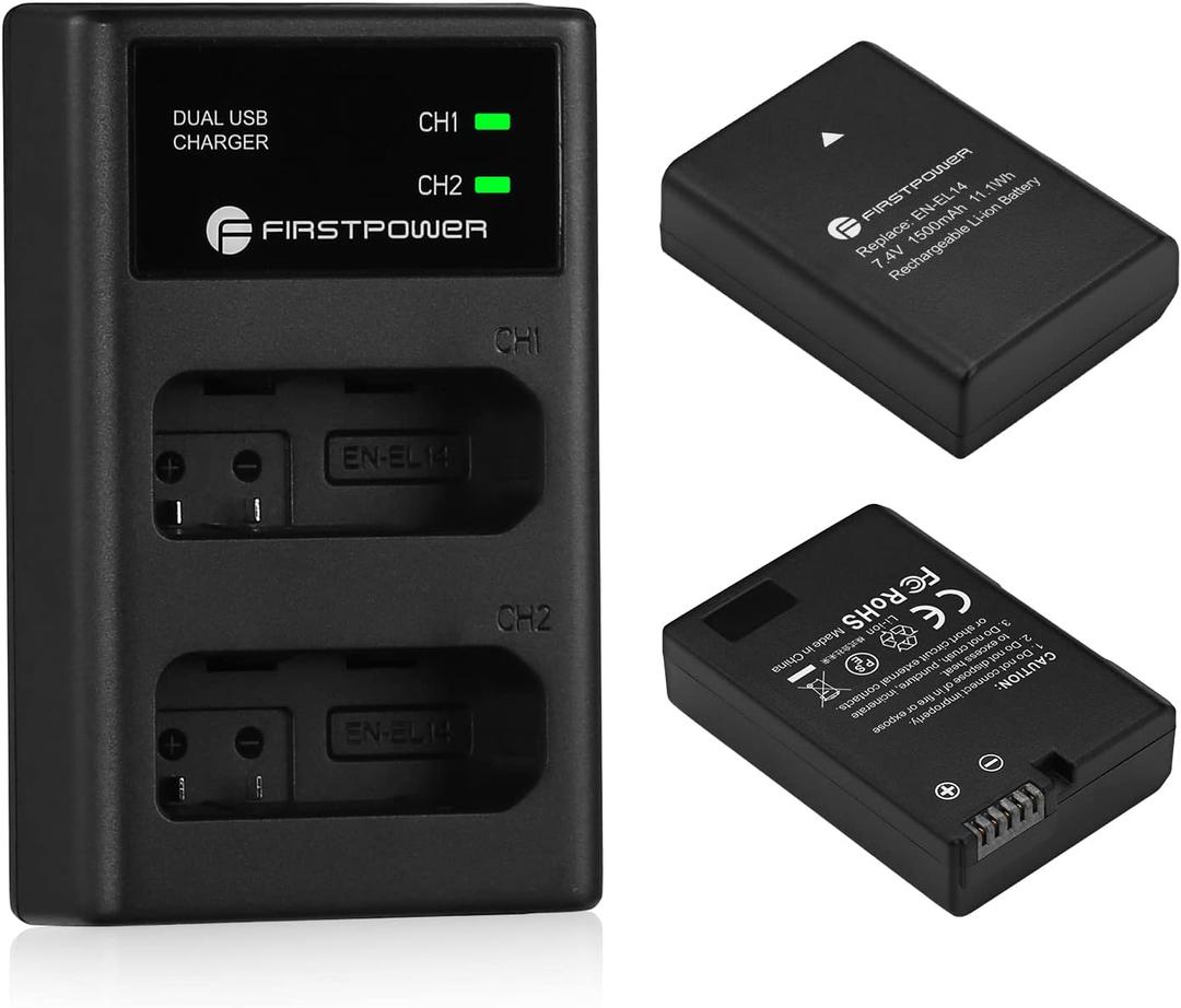 FirstPower 2-Pack EN-EL14/EN-EL14a Battery and Dual USB Charger for Nikon D3100 D3200 D3300 D3400 D3500 D5100 D5200 D5300 D5500 D5600 DF Coolpix P7000 P7100 P7700 P7800