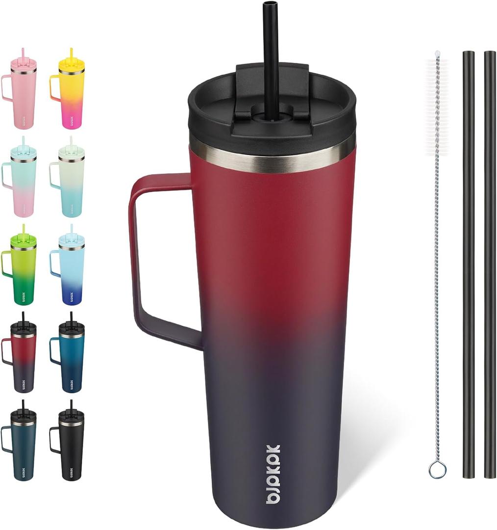 BJPKPK Insulated Tumbler with Handle, 30oz Insulated Tumblers with Lid and Straw, Stainless Steel Metal Water Bottles, Coffee Travel Mugs, Cups, Charming Red