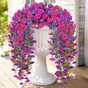 Artificial Hanging Flowers for Outdoors, 2 PCS 300 Blooms UV Resistant Morning Glory Faux Silk Vines, NoOdor Realistic Fake Plants for Garden Planter Porch Patio Decoration, Fuchsia & LightPurple