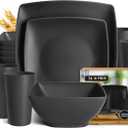 Teivio 16-Piece Plastic Wheat Straw Square Dinnerware Set For 4, Unbreakable Dinner Plates, Salad Plates, Snack Bowls, Tumblers 13.5 Oz, Dishwasher Safe, Kitchen Outdoor Camping, Black