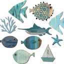 Yuntau 10 Pcs Fish Wall Decor Wood School of Fish Wall Decor Beach Theme Bathroom Decoration Wooden Nautical Coastal Pictures Home Hanging Art Summer Coastal Gift