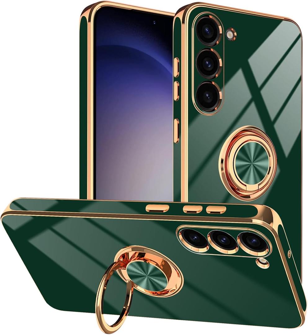 Designed for Samsung Galaxy S23 Case with Ring Stand, Support Magnetic Car Mount Rotating Finger Holder Soft TPU Cover Plating Edge Slim Phone Case for Galaxy S23 Dark Green