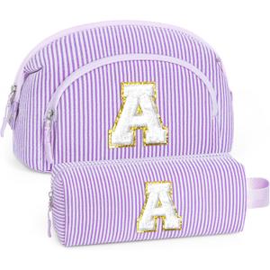 YOOLIFE Easter Gifts for Women Teens - Initial Purple Makeup Bags for Teen Girls Gifts Year Old Girl Birthday Gift Friend Birthday Bridesmaid Wedding Gift for Women, Easter Basket Stuffers Purple A