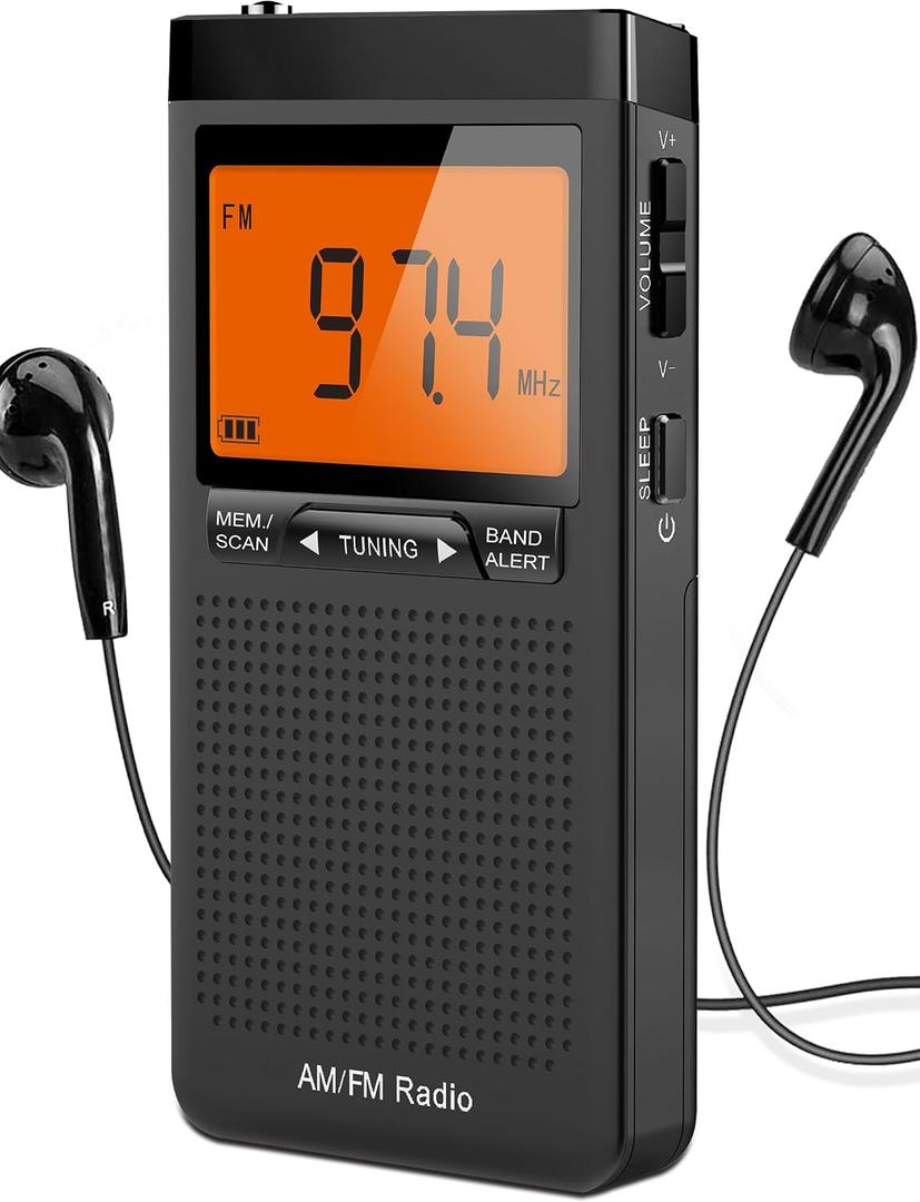 AM FM Portable Radio Personal Radio with Excellent Reception Battery Operated by 2 AAA Batteries with Stero Earphone, Large LCD Screen, Digtail Alarm Clock