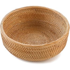 HITOMEN Handmade Rattan Bread Baskets Round Wicker Fruit Serving Storage Bowls, Natural Woven Decorative Kitchen Counter Organizing (Honey Brown) M-9.1"