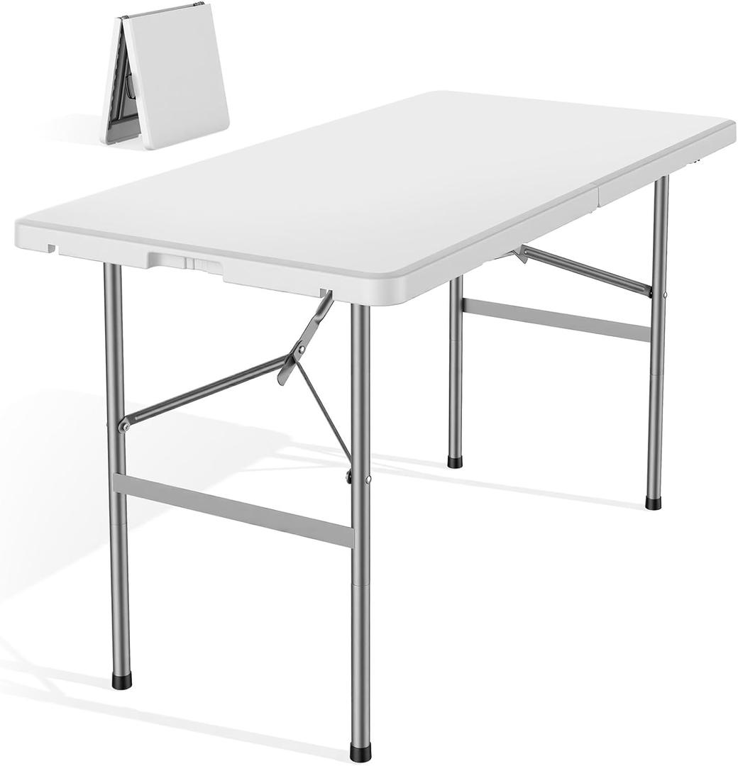 DUMOS 4 Feet Folding Picnic Table, Plastic Table with Carrying Handle, Heavy Duty Portable Table for Camping Party, White