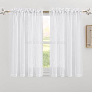 RYB HOME White Linen Curtains for Living Room Bathroom Kitchen, Rod Pocket Semi Translucent Breathable Home Decor Short Small Window Drapes, W 34 x L 45 inches, White, 2 Panels