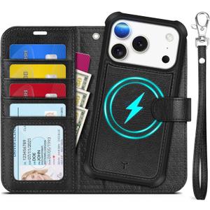 TUCCH Detachable Case Wallet for iPhone 17 Pro (6.3") 2025, Removable Wrist Strap, Wireless Charging, Stand, 4 Card Slots RFID Blocking, 2-in-1 Magnetic, PU Leather, Shockproof Cover, Textured Black