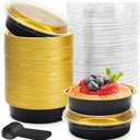 NPLUX 8 OZ Mini Cake Pans Disposable Ramekins with Lids Round Aluminum Mini Foil Cake Tins Baking Pans for Party Wedding Pudding (Black Gold, 25 Pack)
