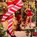 RSLOVE Christmas Thigh High Stockings - Women Sexy Tights Stripe Hosiery Pantyhose Holiday outfit (One Size, Red)