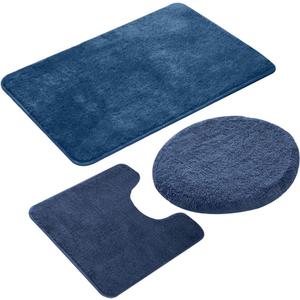 3 Pieces Bathroom Rug Set, Non-Slip Bath Mats for Floors, Ultra Soft Absorbent and Comfortable U-Shaped Contour Rug, Floor Mat and Toilet Lid Cover(Navy Blue)
