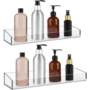 2 Pack Acrylic Bathroom Shelves, Clear Acrylic Shower Caddy Organizer, 15" Invisible Floating Shelves for Book/Figures/Photo/Makeup in Bathroom, Living Room, Bedroom, Kitchen (2 Pack With Square Seamless Stickers)