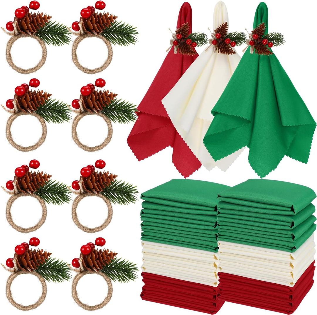 LemonRoad 36 Pcs Christmas Cloth Napkins and Napkin Ring Holders, Reusable Fabric with Pine Needle Red Fruit Napkin Rings for Xmas Table Decor, Banquet, Holiday Dinner Party, Wedding Party Supplies (Red, Green, White)