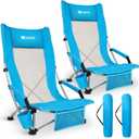 AKSOUL Folding Beach Chair for Adults: Low/High Back Chairs with Carry Bag - Extra Wide Seat Chair with Comfortable Pillow & Storage Pocket (1 Pack & 2 Pack, Blue)