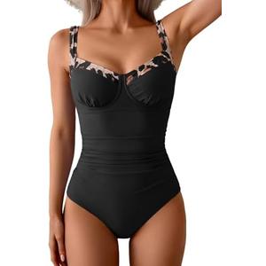 B2prity Women's One Piece Swimsuits Tummy Control Bathing Suits Push Up Swim Suit Color Block Swimwear, Black, XL