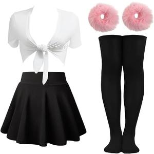 YIXAXKAO Halloween Women Costume Pop Singer Costume Furry Hair Scrunchies Pleated Skater Skirt Tie up Shirt Thigh High Socks
