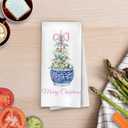 Chinoiserie Christmas Kitchen Towels - Pink Coquette Bow Waffle Decorative Dish Towels, Blue and White Porcelain Chinoiserie Hand Towel, Christmas Kitchen Bathroom Decor, 16x24 Inches (Christmas Tree- 07)