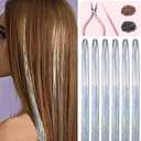 Silver Hair Tinsel Kit 48 Inches 1200 Strands with Tools and Instruction Easy to Install Fairy Glitter Tinsel Hair Extensions for Women and Girls，Shinny Sparkling Braiding Hair Accessories for Halloween Cosplay Party