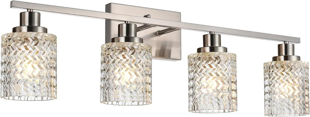 MELUCEE 4 Lights Brushed Nickel Vanity Light Modern Bathroom Light Fixtures with Hammered Glass Shade, Indoor Metal Wall Lights for Powder Room Hallway Kitchen, E26 Base