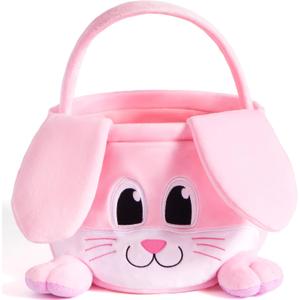 JOYIN Easter Pink Bunny Basket, Pink Rabbit Backet with Foldable Ears, Empty Soft Basket with Handle, Easter Gifts for Babies, Kids Egg Hunt, Candy Bag Party Favor Storage Container(10.9 7.9 9.4)