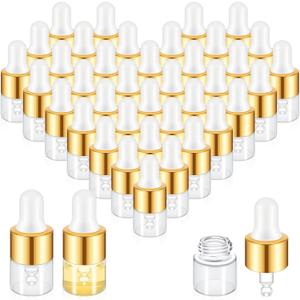 100 Pcs Mini Glass Oil Dropper Bottle Bulk, 1 ml Gold Clear Essential Small Empty Bottles Sample Containers Perfume Liquid Vials with Cap for Traveling