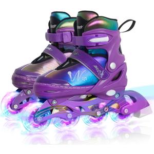 Nattork Adjustable Inline Skates for Kids & Teens with Flashing Light-Up Wheels, Gradient Color ABEC-7 Bearings for Smooth Glide, Safe & Durable Sizing Adjustable Skates Purple, Medium - Big Kid (1-4US)