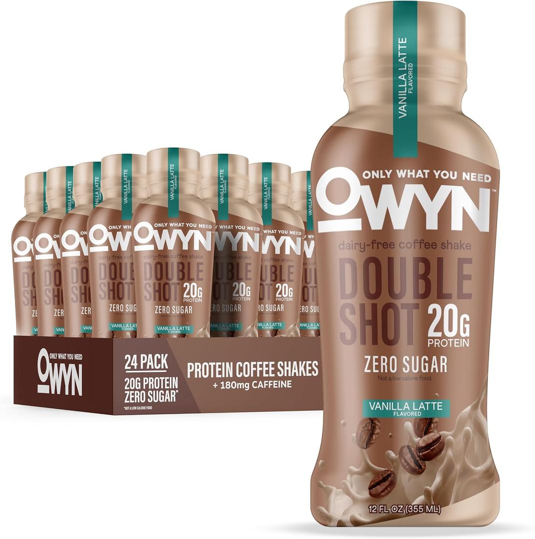 OWYN Only What You Need Double Shot Vanilla Latte Flavored Protein Shake, 20g Protein, 0g Sugar, 3g Fiber, 180mg Caffeine, Dairy Free, Plant Based Protein Drink, 12 Count, Best By: 13 OCT 2026