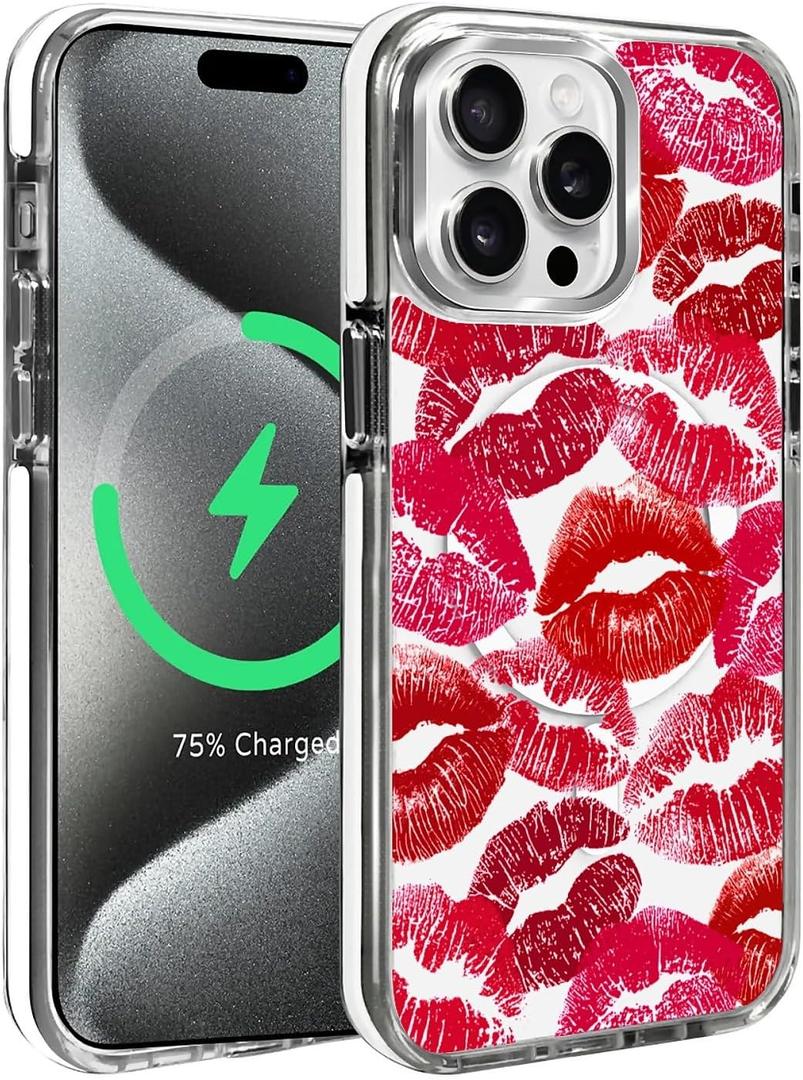 Magnetic for iPhone 13 Pro Max Case, Compatible with MagSafe, Wireless Slim Clear Shockproof Protective Cover for Women Girl - Red Lips