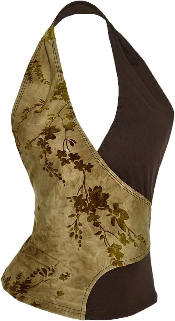 WDIRARA Women's Floral Bow Backless Halter Top Deep V Neck Sleeveless Tank Tops (Yellow, X-Small)