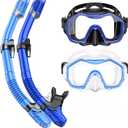 Snorkeling Gear for Adults Kids, Dry-Top Snorkel Set, 180° Panoramic Wide View Diving Mask Breathing Freely Snorkel Mask for Snorkeling Scuba Diving Swimming Travel (A18-Black Blue+Blue)